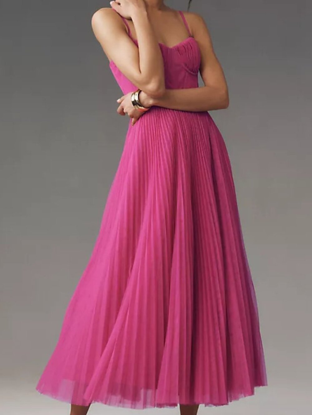 Hutch NWT Amara Corset Pleated Tulle Fit & Flare Midi Dress Bright Pink Womens 6